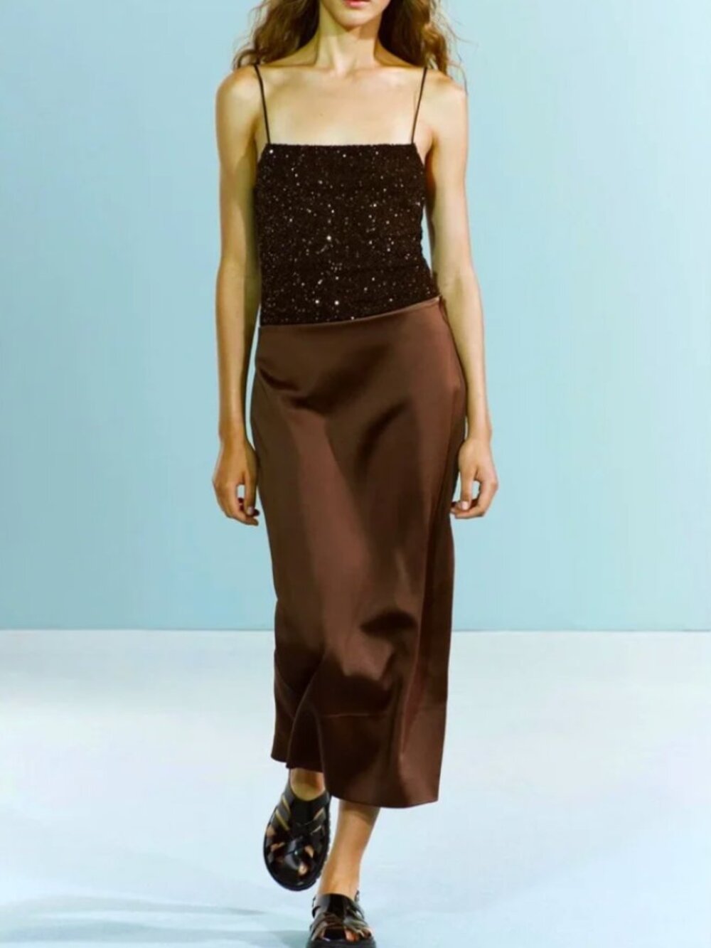 Zara | Satin Effect Raw Edge Midi Skirt Chocolate Brown | Size XS